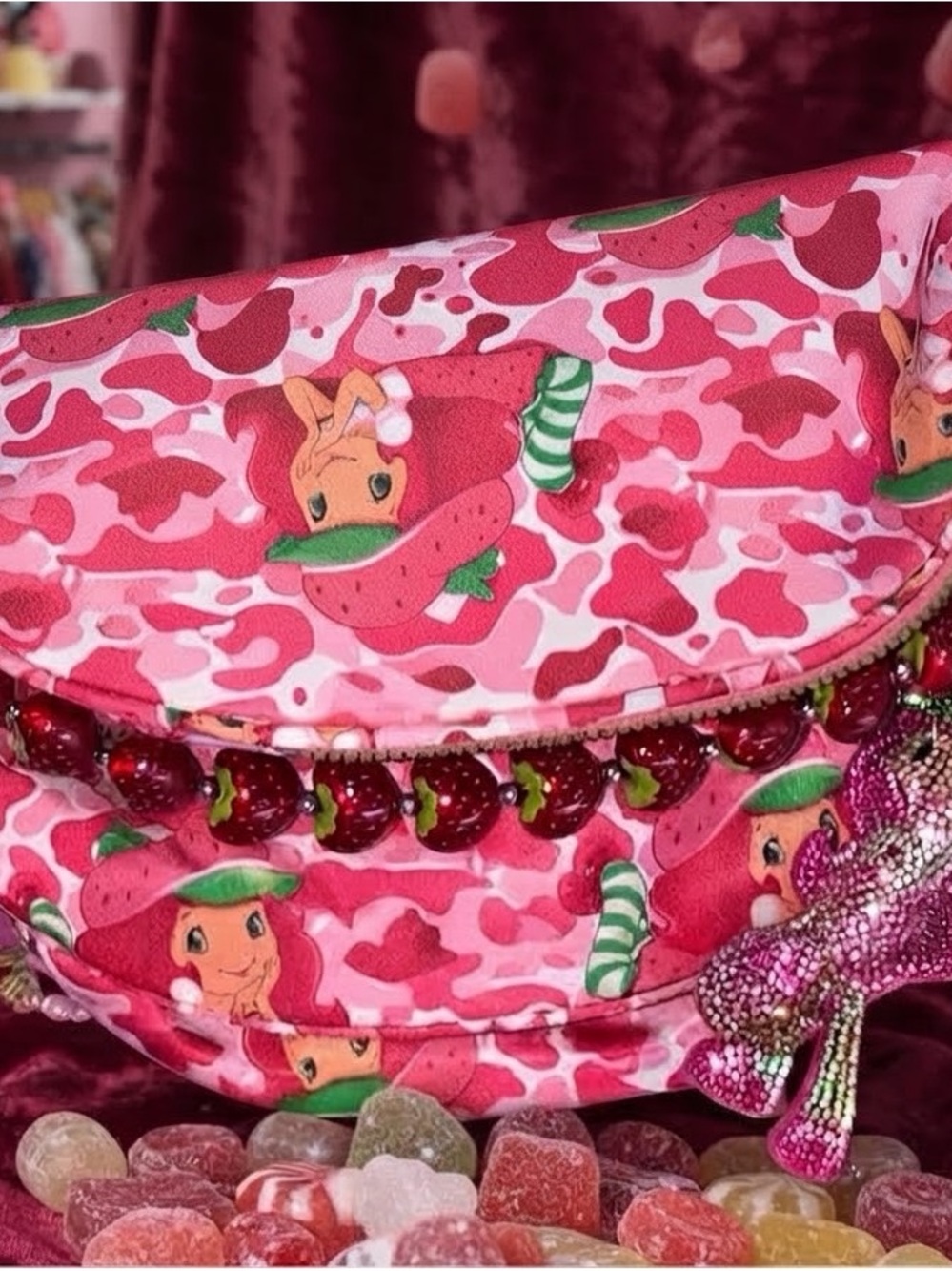 Pink Strawberry Print Bumbag with accessories